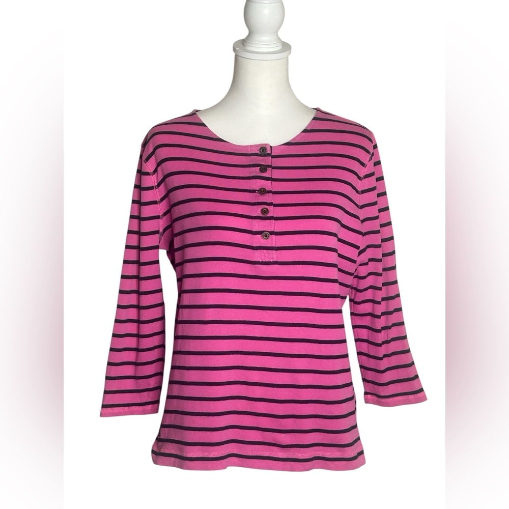 Lauren Ralph Lauren Pink Navy Striped 3/4 Sleeve Henley Top Sz XL Coastal granny